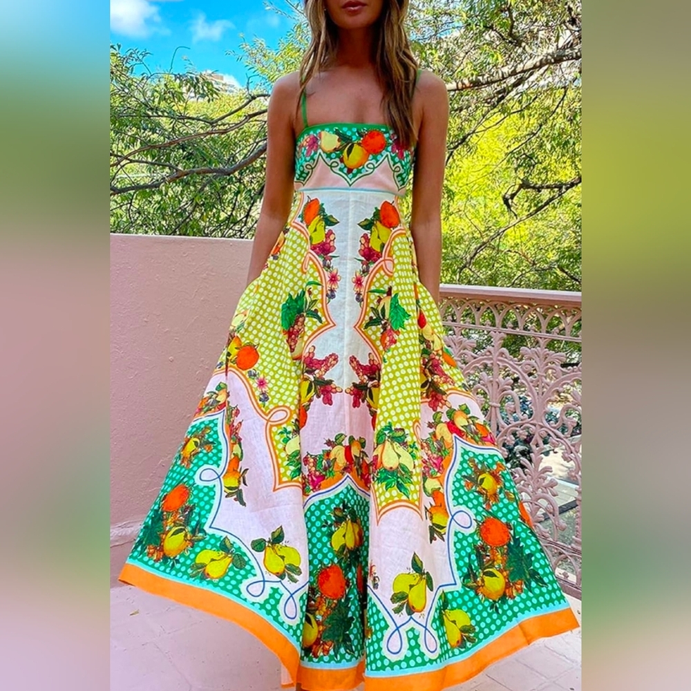 Strapless Citrus Print Maxi Dress - Green/Orange